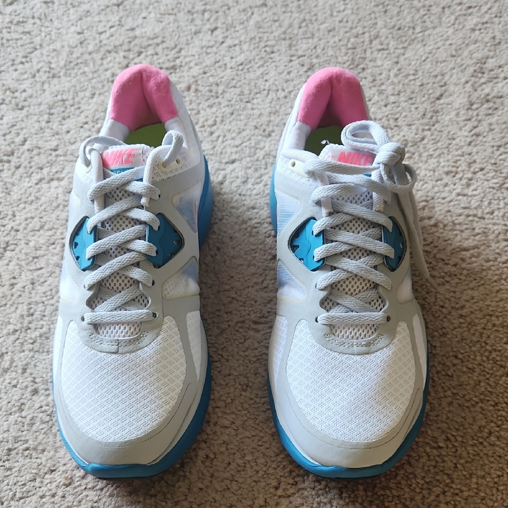 Nike Women's White and Pink Sneakers with Blue Accents